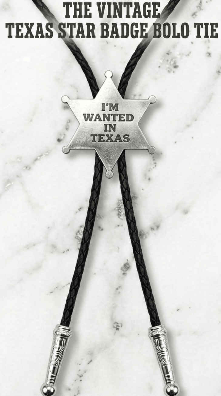 Vintage Texas Star Badge Bolo Tie ~ Get Wanted In Texas - MIKE'S CUSTOM BOLOS
