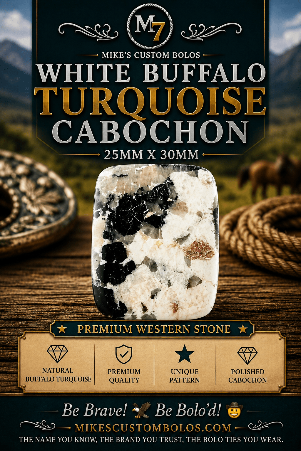 White Buffalo Turquoise Cabochon | Premium Handcrafted Western Style - MIKE'S CUSTOM BOLOS